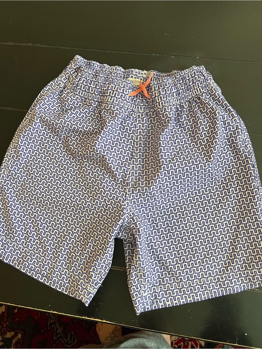 Crewcuts Blue Geo Print Swim Trunks with Orange Drawcord